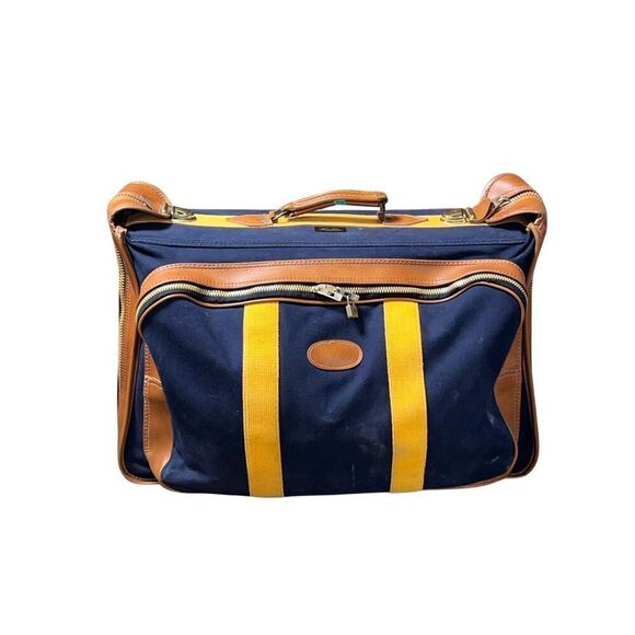 Vintage Brooks Brothers Luggage Carry On Bag Navy Brown & Yellow Csnvas Leather